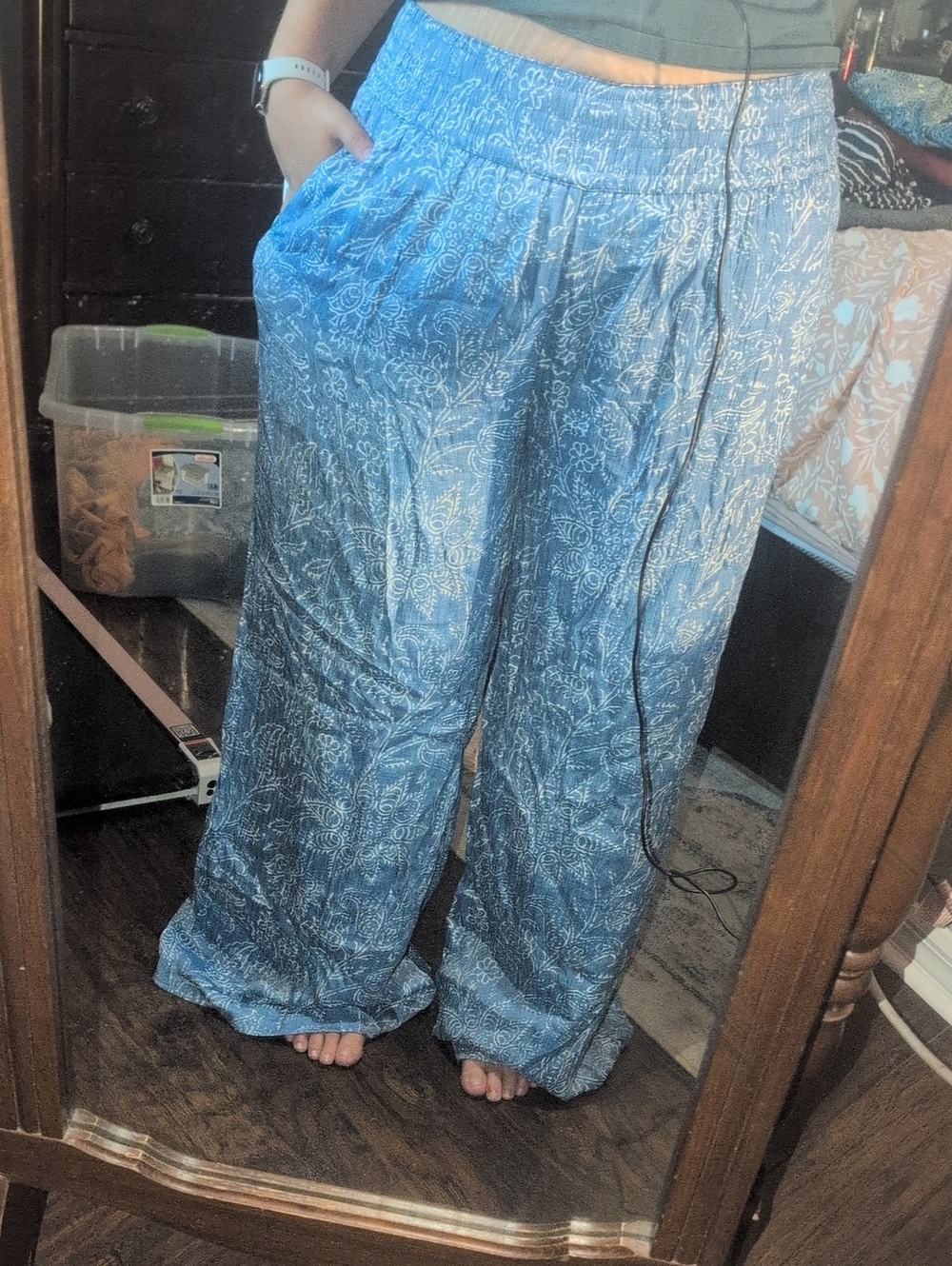 Wonderly Blue and White Paisley Smocked Waist Pants